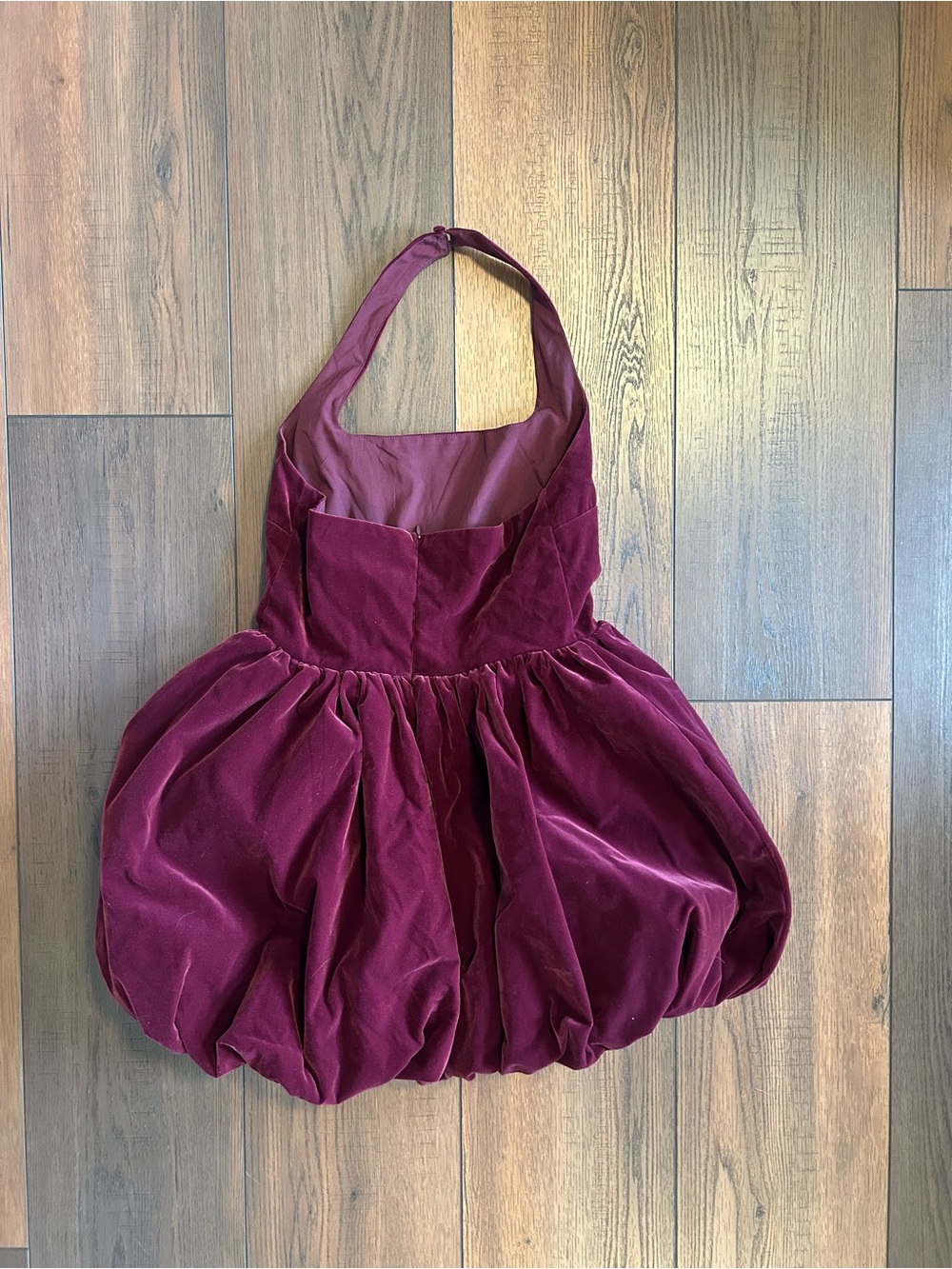 Maroon Velvet Halter Mini Dress with Voluminous Bubble Hem Silhouette - Picture 3 of 6
